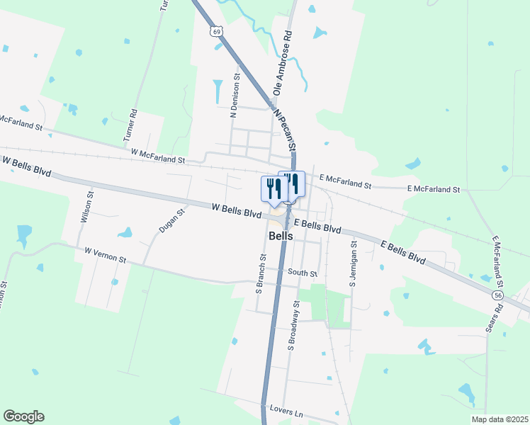 map of restaurants, bars, coffee shops, grocery stores, and more near 403 West Bells Boulevard in Bells