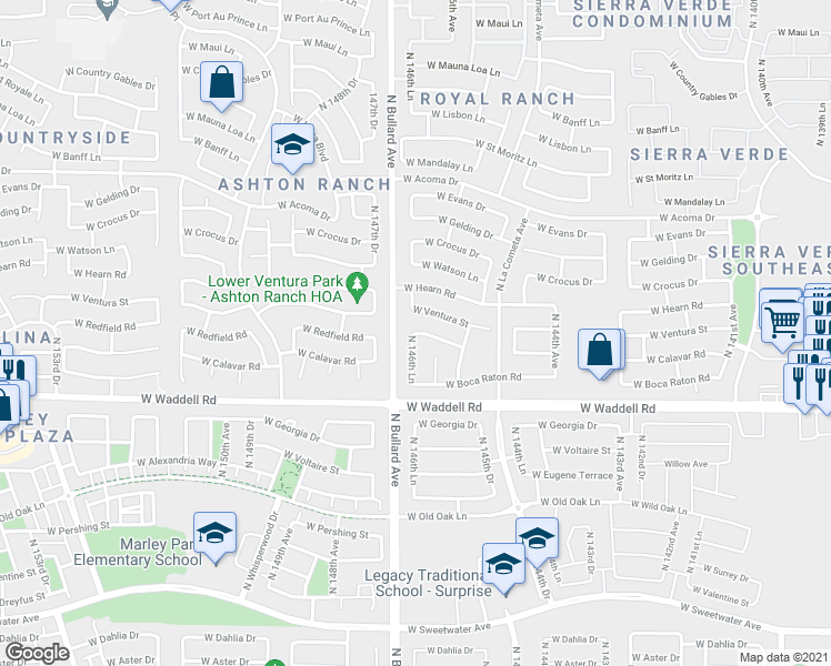 map of restaurants, bars, coffee shops, grocery stores, and more near 14625 West Redfield Road in Surprise