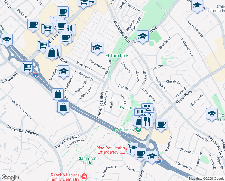 map of restaurants, bars, coffee shops, grocery stores, and more near 24162 Twig Street in Lake Forest