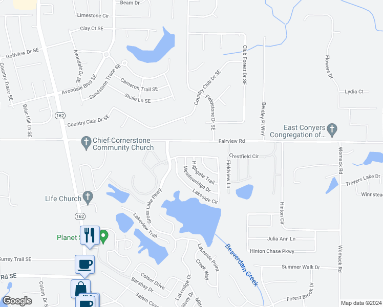 map of restaurants, bars, coffee shops, grocery stores, and more near 135 Lakeside Circle in Covington