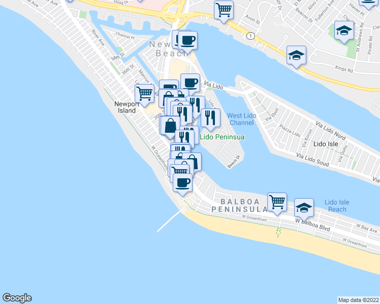 map of restaurants, bars, coffee shops, grocery stores, and more near 2406 Newport Boulevard in Newport Beach