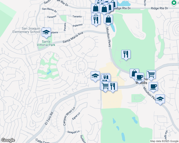 map of restaurants, bars, coffee shops, grocery stores, and more near Via Buena Vista Road in Laguna Woods