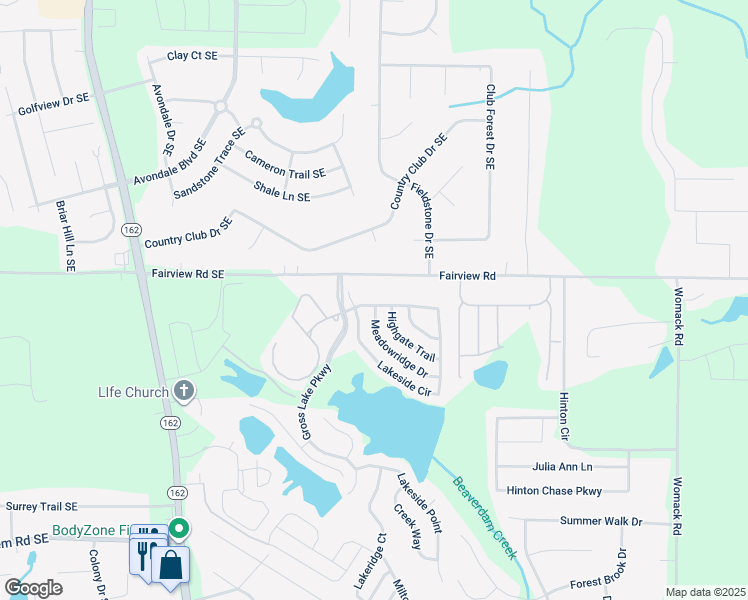 map of restaurants, bars, coffee shops, grocery stores, and more near 2501 Fairview Road in Covington