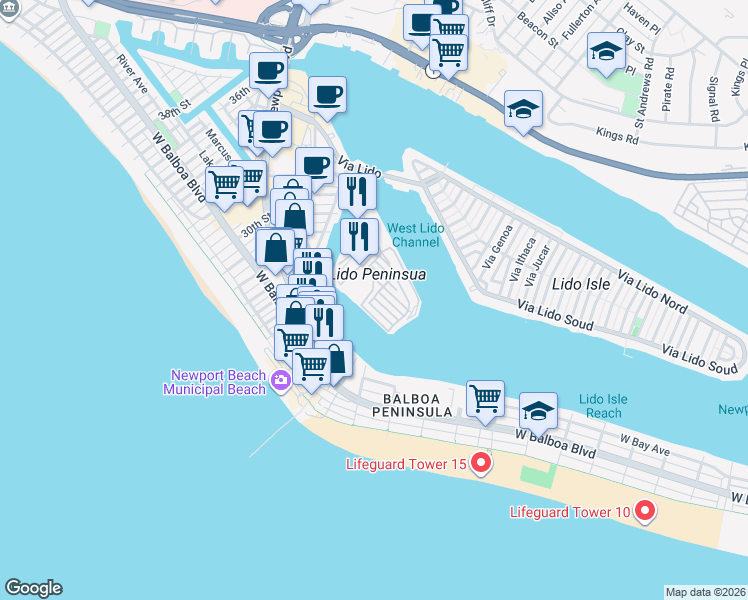 map of restaurants, bars, coffee shops, grocery stores, and more near 18 Anchorage Way in Newport Beach