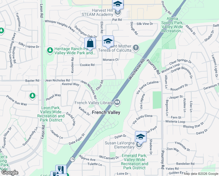 map of restaurants, bars, coffee shops, grocery stores, and more near 31583 Cobalite Drive in French Valley