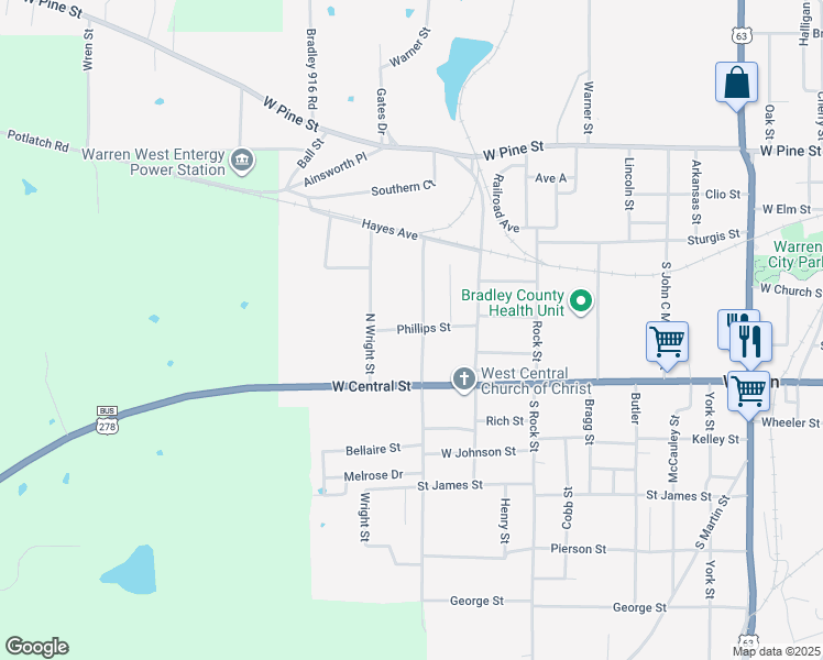 map of restaurants, bars, coffee shops, grocery stores, and more near 1205 Phillips Street in Warren