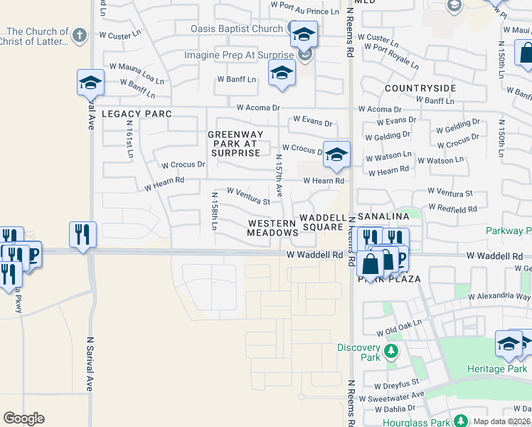 map of restaurants, bars, coffee shops, grocery stores, and more near 15724 West Redfield Road in Surprise