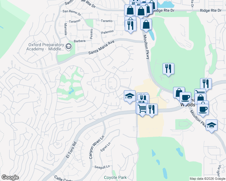 map of restaurants, bars, coffee shops, grocery stores, and more near 3167 Via Vista in Laguna Woods