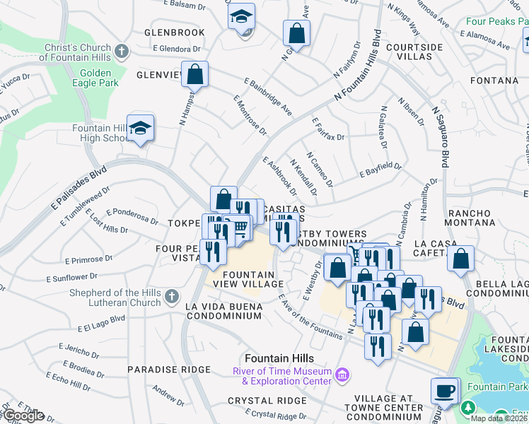 map of restaurants, bars, coffee shops, grocery stores, and more near 16352 East Arrow Drive in Fountain Hills
