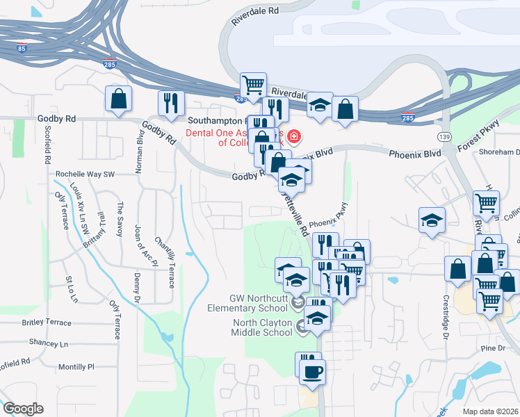 map of restaurants, bars, coffee shops, grocery stores, and more near 1860 Godby Road in Atlanta