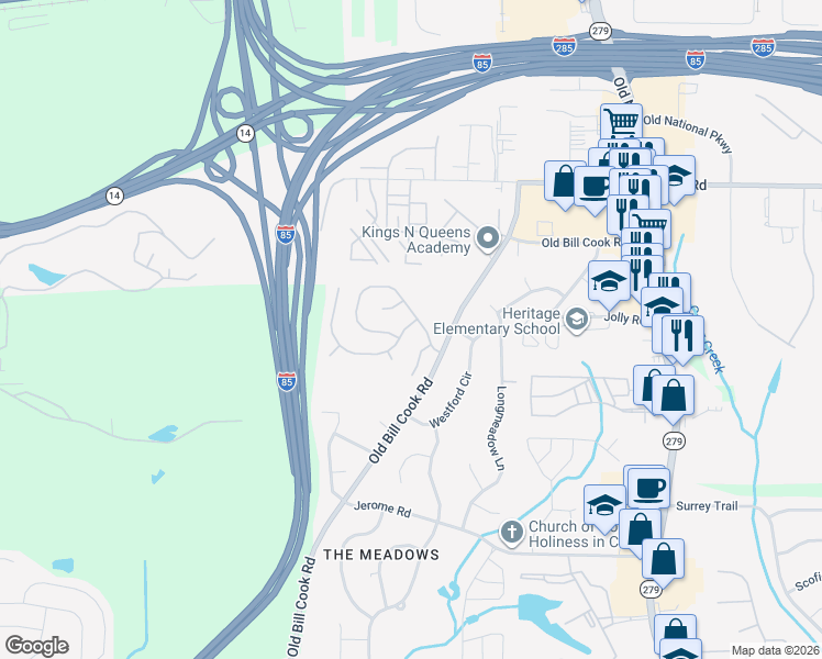 map of restaurants, bars, coffee shops, grocery stores, and more near 5290 Sand Bar Lane in College Park