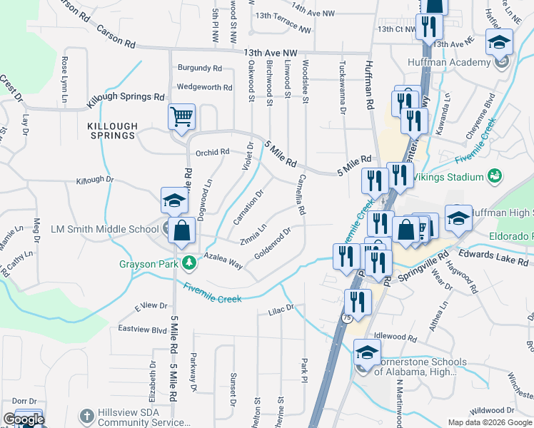 map of restaurants, bars, coffee shops, grocery stores, and more near 560 Zinnia Lane in Birmingham
