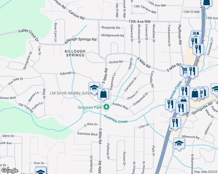 map of restaurants, bars, coffee shops, grocery stores, and more near 1149 Dogwood Lane in Birmingham