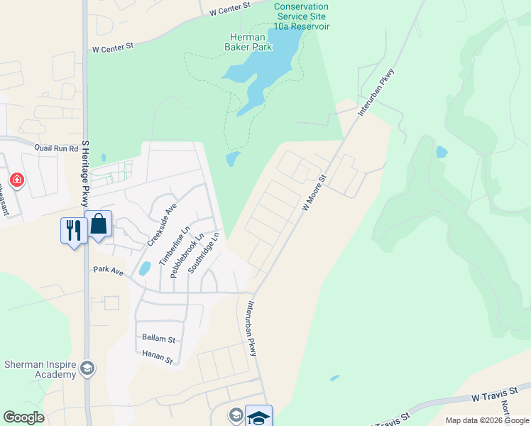 map of restaurants, bars, coffee shops, grocery stores, and more near 2105 West Moore Street in Sherman