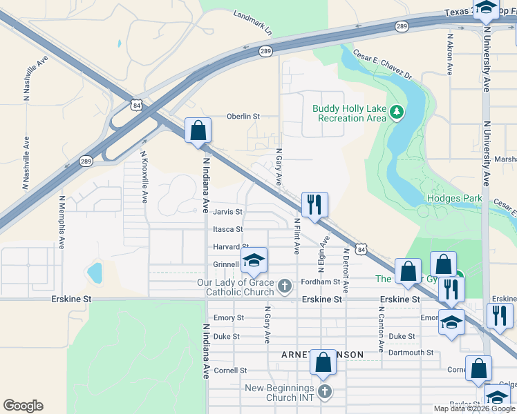 map of restaurants, bars, coffee shops, grocery stores, and more near 3107 Clovis Road in Lubbock