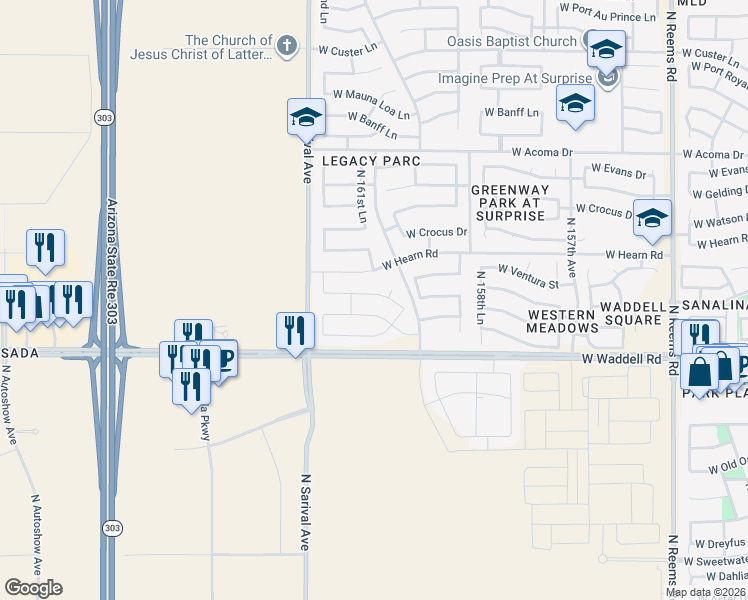map of restaurants, bars, coffee shops, grocery stores, and more near 16174 West Redfield Road in Surprise