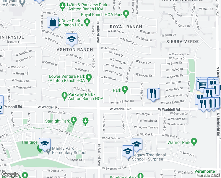 map of restaurants, bars, coffee shops, grocery stores, and more near 14608 West Redfield Road in Surprise