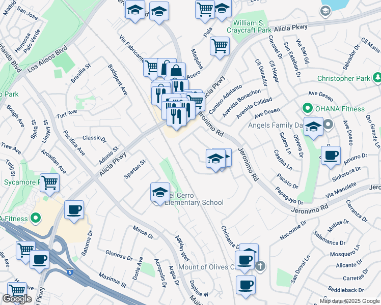 map of restaurants, bars, coffee shops, grocery stores, and more near 25902 Vía Del Sur in Mission Viejo