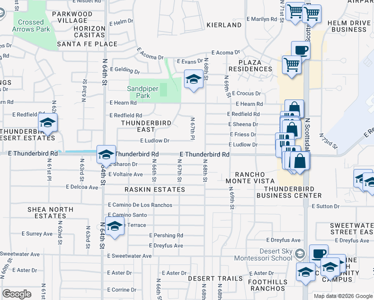 map of restaurants, bars, coffee shops, grocery stores, and more near 6735 East Ludlow Drive in Scottsdale