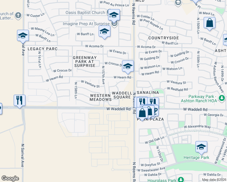 map of restaurants, bars, coffee shops, grocery stores, and more near 15623 West Ventura Street in Surprise