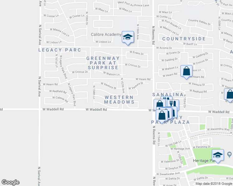 map of restaurants, bars, coffee shops, grocery stores, and more near 15724 West Redfield Road in Surprise
