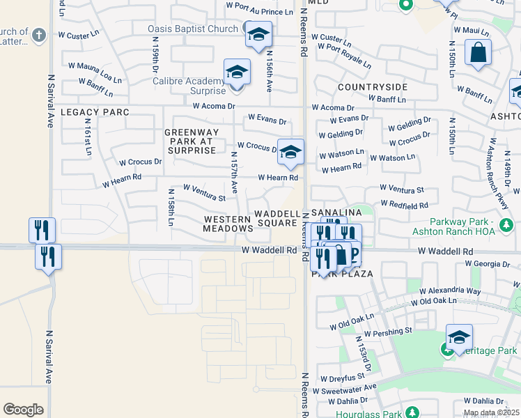 map of restaurants, bars, coffee shops, grocery stores, and more near 15623 West Ventura Street in Surprise
