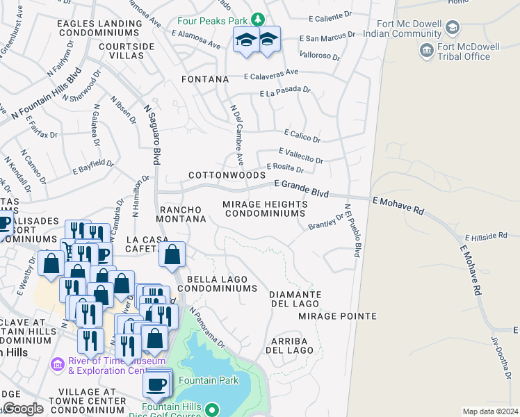 map of restaurants, bars, coffee shops, grocery stores, and more near 13825 North Mirage Heights Court in Fountain Hills