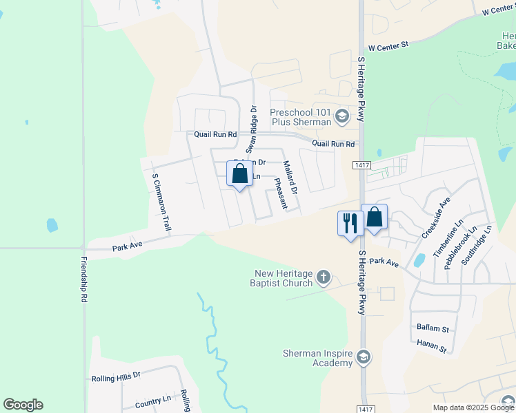 map of restaurants, bars, coffee shops, grocery stores, and more near 1423 Swan Ridge Drive in Sherman