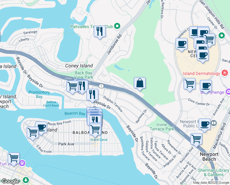 map of restaurants, bars, coffee shops, grocery stores, and more near 1211 Bonnie Doone Terrace in Newport Beach