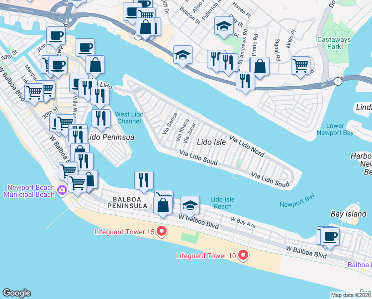 map of restaurants, bars, coffee shops, grocery stores, and more near 107 Via Koron in Newport Beach