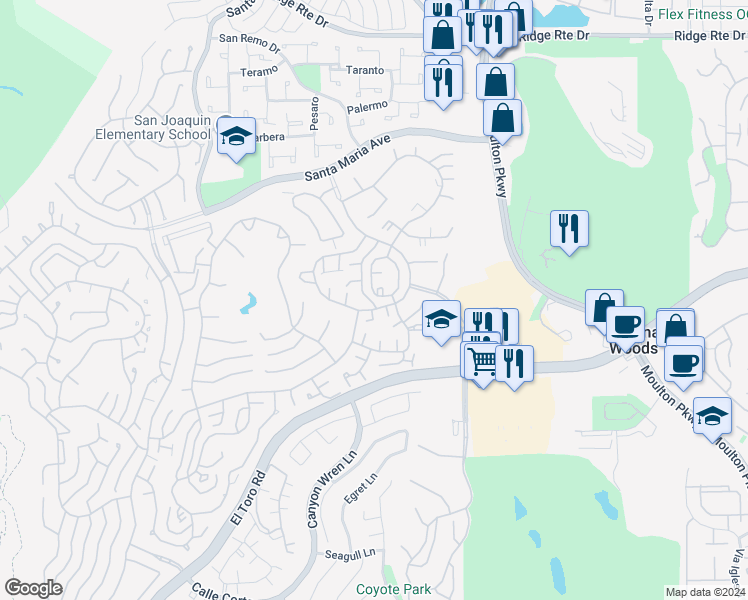 map of restaurants, bars, coffee shops, grocery stores, and more near 3168 Via Vista in Laguna Woods