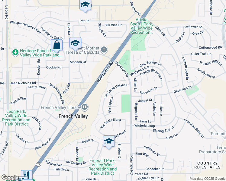 map of restaurants, bars, coffee shops, grocery stores, and more near 35132 Via Santa Catalina in Winchester