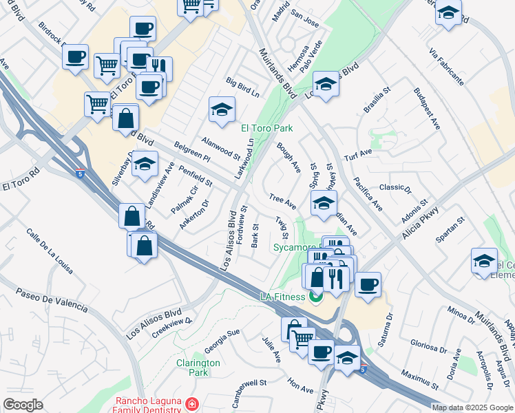 map of restaurants, bars, coffee shops, grocery stores, and more near 24162 Twig Street in Lake Forest
