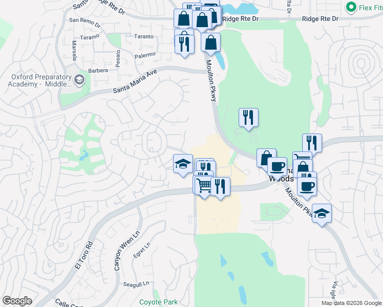 map of restaurants, bars, coffee shops, grocery stores, and more near 24111 Moulton Parkway in Laguna Woods