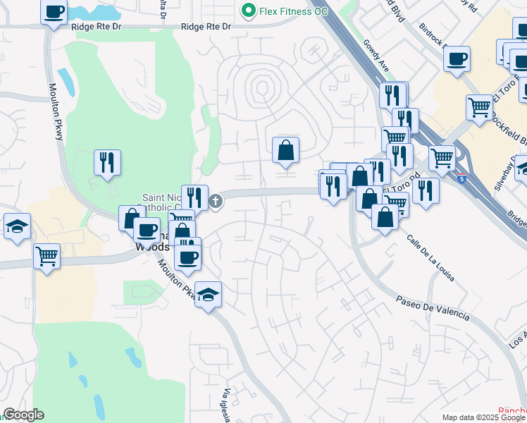 map of restaurants, bars, coffee shops, grocery stores, and more near in Laguna Woods