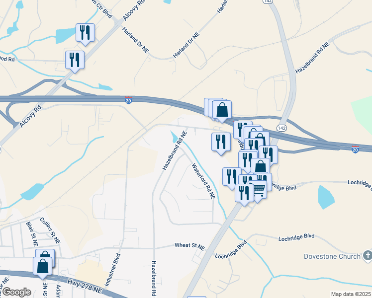 map of restaurants, bars, coffee shops, grocery stores, and more near 10312 Waterford Road Northeast in Covington