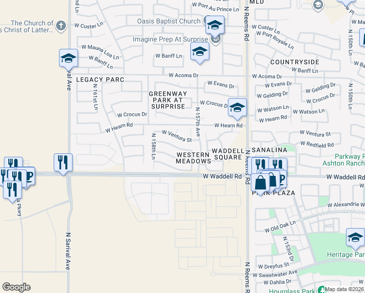 map of restaurants, bars, coffee shops, grocery stores, and more near 15757 West Ventura Street in Surprise