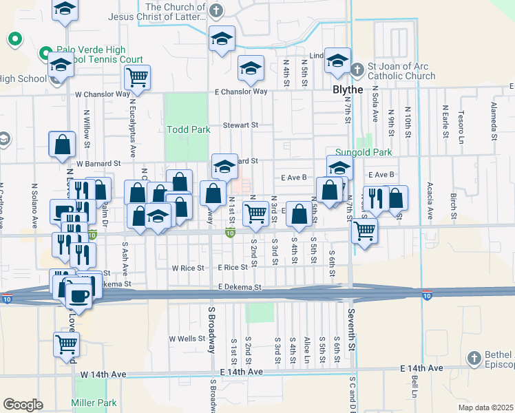 map of restaurants, bars, coffee shops, grocery stores, and more near 170 North 2nd Street in Blythe