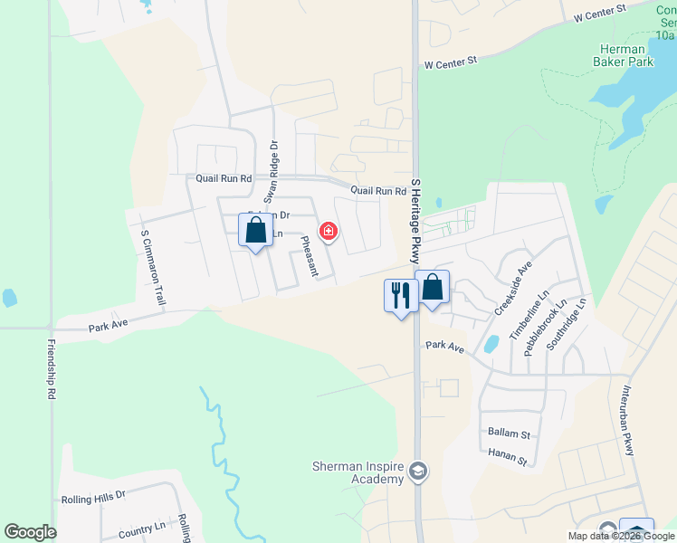 map of restaurants, bars, coffee shops, grocery stores, and more near 1427 Mallard Drive in Sherman