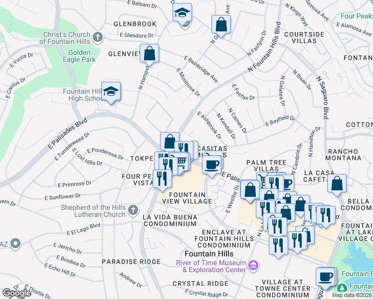 map of restaurants, bars, coffee shops, grocery stores, and more near 16336 East Palisades Boulevard in Fountain Hills