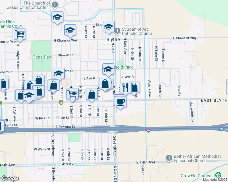 map of restaurants, bars, coffee shops, grocery stores, and more near 187 North 7th Street in Blythe
