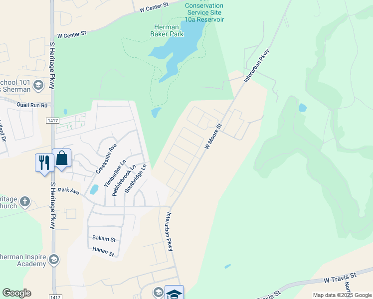 map of restaurants, bars, coffee shops, grocery stores, and more near 2116 West Moore Street in Sherman