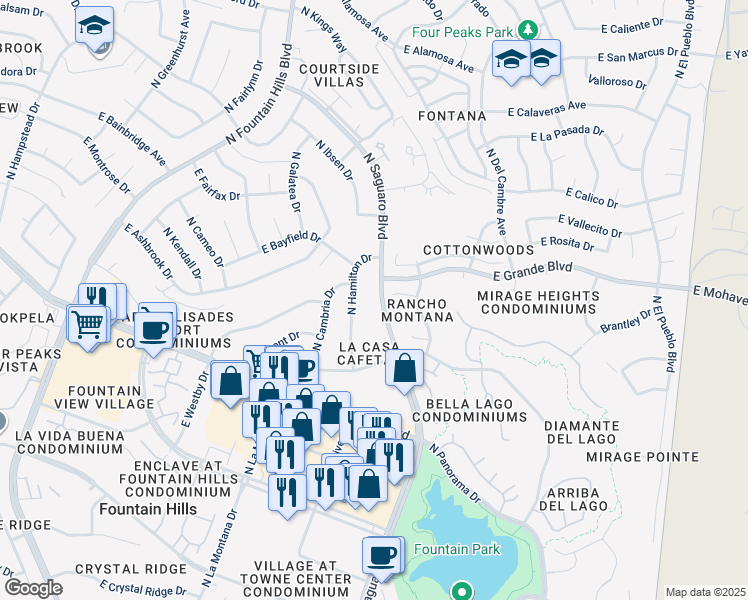 map of restaurants, bars, coffee shops, grocery stores, and more near 13838 North Saguaro Boulevard in Fountain Hills