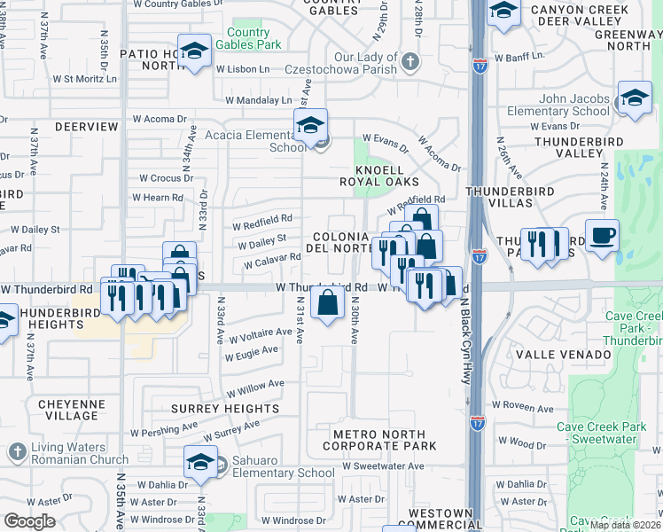 map of restaurants, bars, coffee shops, grocery stores, and more near 13820 North 30th Drive in Phoenix