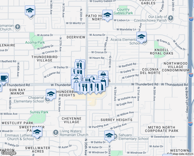 map of restaurants, bars, coffee shops, grocery stores, and more near 3432 West Calavar Road in Phoenix