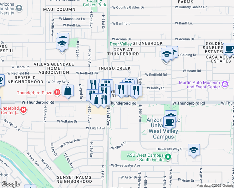 map of restaurants, bars, coffee shops, grocery stores, and more near 5020 West Thunderbird Road in Glendale