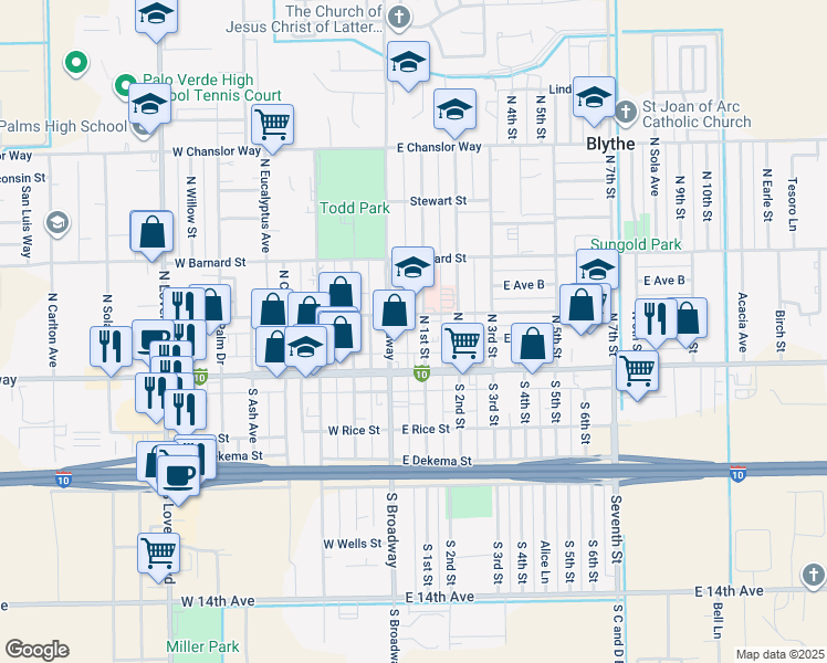 map of restaurants, bars, coffee shops, grocery stores, and more near 167 North 1st Street in Blythe