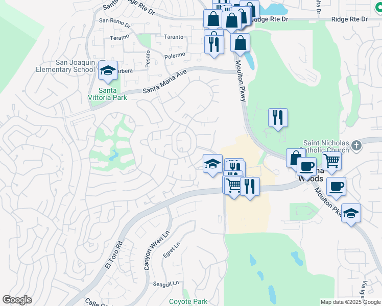 map of restaurants, bars, coffee shops, grocery stores, and more near 3175 Via Vista in Laguna Woods