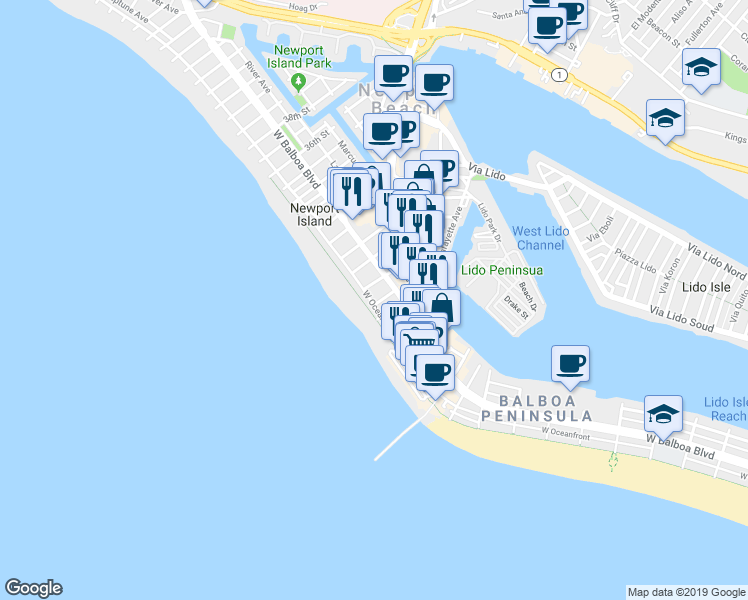 map of restaurants, bars, coffee shops, grocery stores, and more near 106 28th Street in Newport Beach