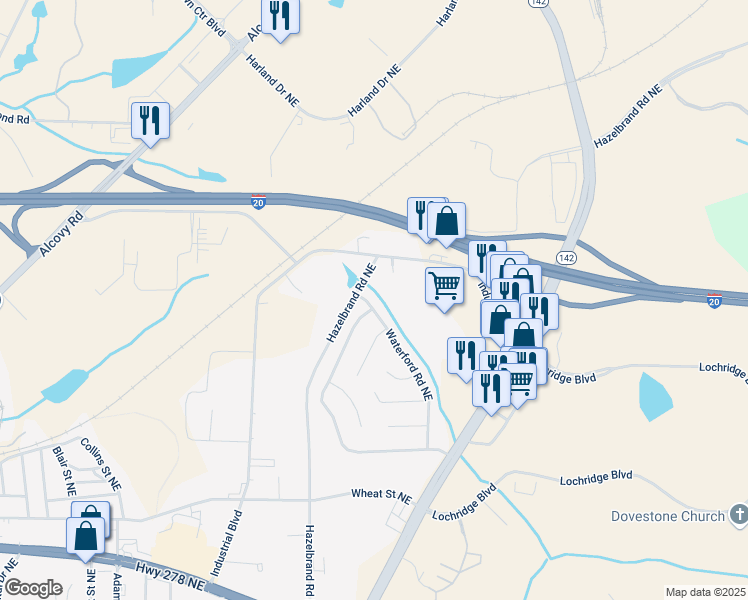 map of restaurants, bars, coffee shops, grocery stores, and more near 10312 Waterford Road Northeast in Covington